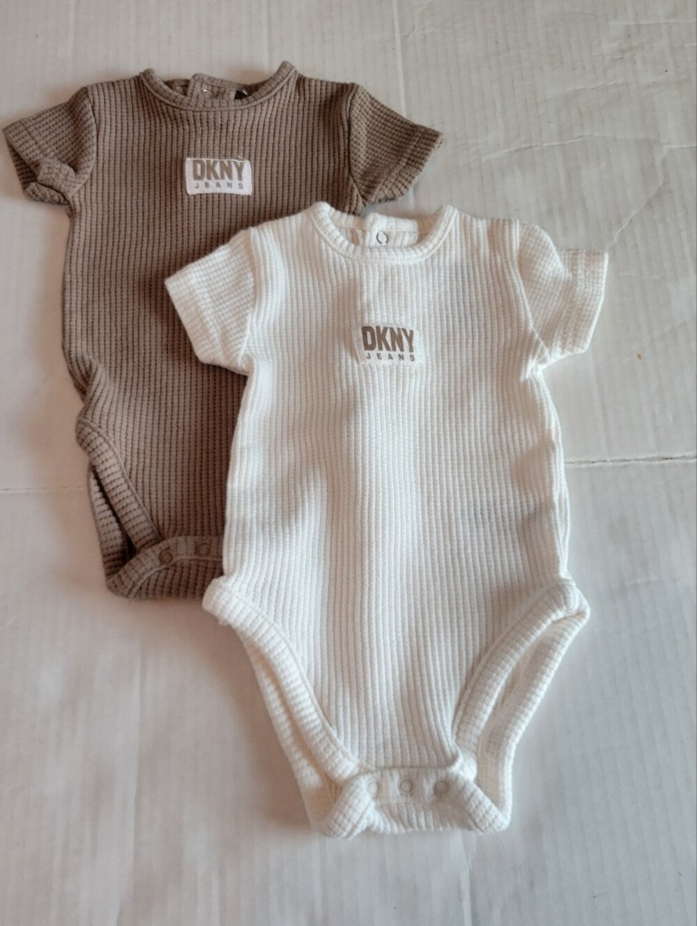 DKNY Jeans Ribbed One-Piece Bodysuits With Snaps Set of 2 White & Tan 3-6 months